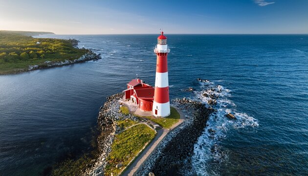 aerial view of red and white lighthouse by the ocean