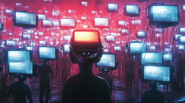 Figures with screens for heads stand amidst a multitude of screens, symbolizing media overload and societal connection in a digital age