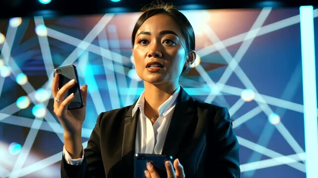 Focused businesswoman using mobile phones, illuminated by network graphic