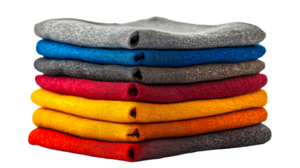 Stack of folded textile items, vibrant colors, cut out transparent