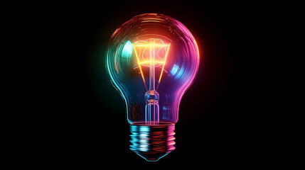 Colorful light bulb glowing on black background idea innovation electricity energy lighting concept