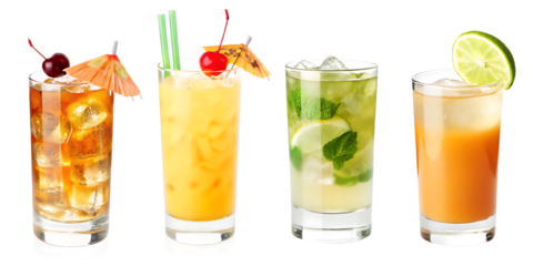 Amaretto Sour, Caipirinha, Boulevardier, Mai Tai cocktail transparent PNG set bundle, isolated background. Mixology, bar menu cocktails, colorful refreshing drink with garnish