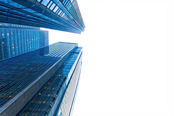 big metropolitan city from below at daytime, isolated background. Tall corporate skyscrapers, modern urban lifestyle, business, commerce, office buildings