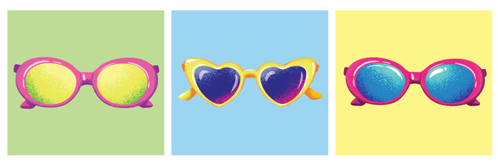 Colorful sunglasses, summer shades in different shapes and colors vector set, summer vacation concept 