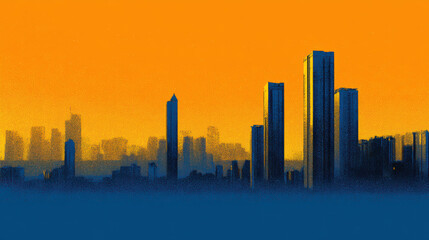Fototapeta premium An abstract representation of a vibrant cityscape silhouetted against a bright orange sunset, creating a striking contrast of color and form in the urban landscape.