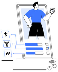 Mobile app interface displays fitness stats, activity icons, and progress bars alongside a user avatar. Ideal for health, goal tracking, activity monitoring, motivation, fitness apps, wellness tech