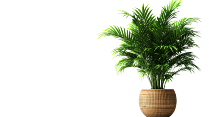 Indoor areca palm plant in a wicker pot, cut out transparent