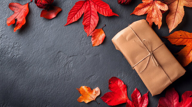A package wrapped in Old Paper with a twine ribbon surrounded by fall leaves 