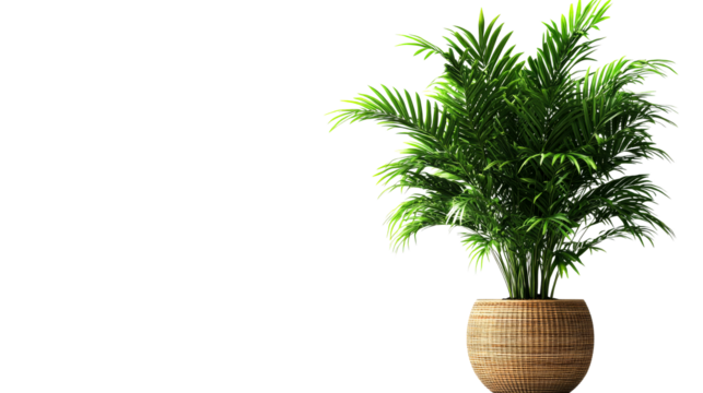 Indoor areca palm plant in a wicker pot, cut out transparent