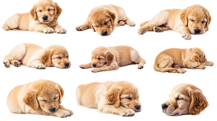 Adorable golden retriever puppies resting, sleeping, cut out transparent