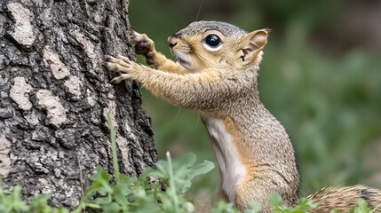 Obraz premium Adorable Baby Squirrel Climbing Tree Trunk Closeup