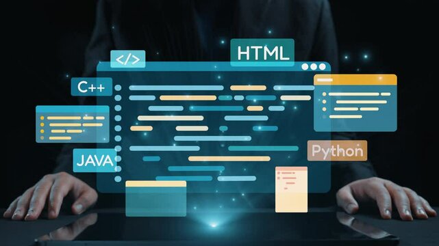 A hands-on view of a futuristic programming interface displayed on a tablet, showcasing various coding languages including HTML, Python, Java, and C. Qubit