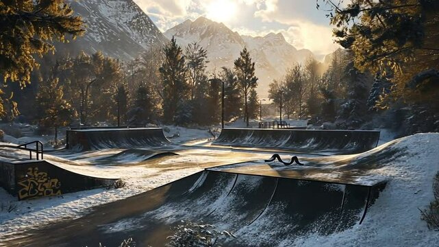 Snowy Skatepark Landscape: Winter Sports Background