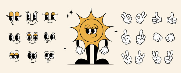 Retro wind-up character creation kit, sun character with different facial expressions and hands. Constructor. Vector collection of nostalgic characters in the style of the 70s or 60s