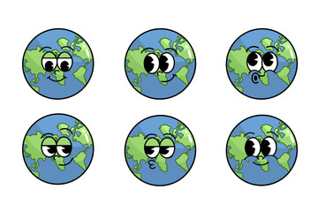 Cheerful happy earth character in trendy retro style of 60s 70s. Planet concept. Happy Earth Day. Cute set of vector emoji retro expressions.
