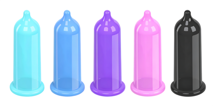 Colorful rolled up latex condom transparent PNG set bundle, isolated background. Cyan, blue, purple, pink, black color. Condoms, safe sex protection contraceptive, STD prevention, sexual health .PNG