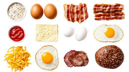 Assorted breakfast ingredients in rows including eggs, bacon, cheese, cut out transparent