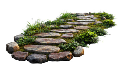 Stone pathway with moss and plants, cut out transparent