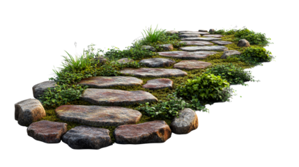 Stone pathway with moss and plants, cut out transparent