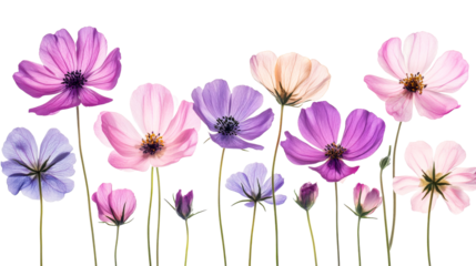 Assorted colorful cosmos flowers on black, cut out transparent