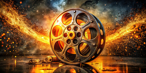 Obraz premium A vintage film reel sits on a reflective surface, surrounded by bright sparks and dynamic light effects