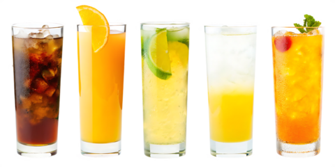 Cuba Libre, Long Island, Mojito, Paloma, Tequila Sunrise, Screwdriver cocktail transparent PNG set bundle, isolated background. Bar menu cocktails in highball glass, colorful refreshing drink garni