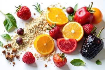 Assortment of dried fruits and herbs on white , dried fruit, gourmet food, organic