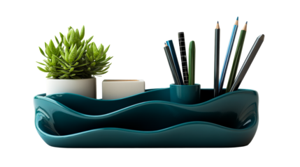Desk organizer with plant and pencils, cut out transparent