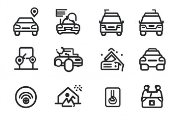 Car service icons, app interface, location background, digital illustration