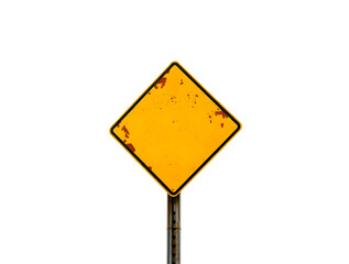 A blank yellow road sign stands isolated as a warning symbol for traffic on the highway, demanding attention for safety and travel directions