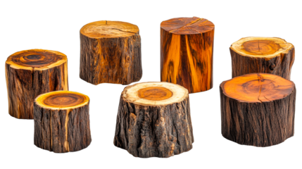 Collection of seven wooden tree stumps, natural material, cut out transparent