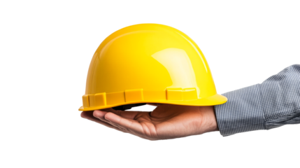 Construction worker holding hardhat with hand, cut out transparent