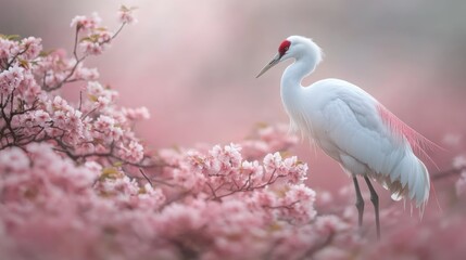 Obraz premium White crane amidst spring blossoms