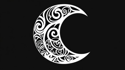 Ornate crescent moon design, dark background, mystical art, tattoo inspiration