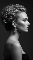 Fototapeta premium Elegant Profile: Woman with Curls & Diamond Earring - Timeless Beauty & Sophistication