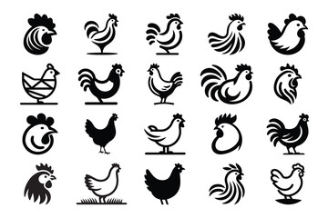 simple Chicken and Rooster Icons, Farm Animal vector Silhouettes and Logo Designs, Designs for Agriculture and Poultry Branding