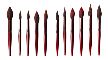 Array of varied paintbrushes with brown handles, cut out transparent