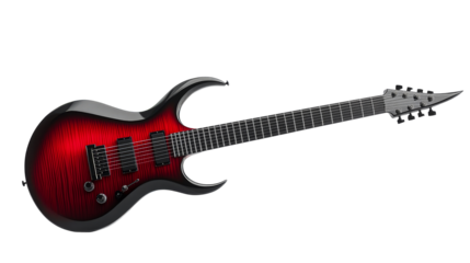 Electric guitar with seven strings in red and black, cut out transparent