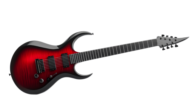Electric guitar with seven strings in red and black, cut out transparent