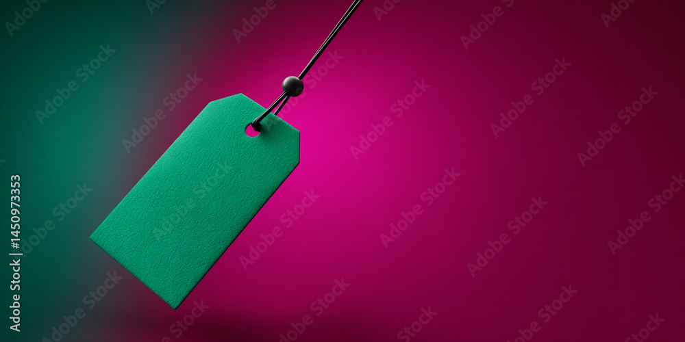 Aufkleber Green textured tag hangs on string against teal and magenta background Free space for text or logo Mockup for branding or advertisement