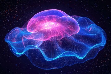 Obraz premium A luminous jellyfish-like entity floats in a starlit cosmos, its vibrant pink and blue form shimmering with ethereal energy.