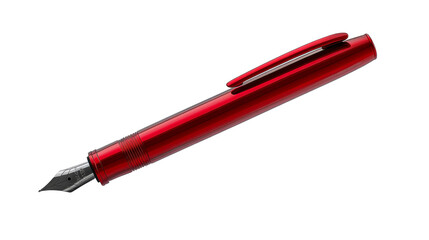 Shiny scarlet fountain pen with cap on angled view, cut out transparent
