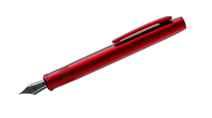 Shiny scarlet fountain pen with cap on angled view, cut out transparent