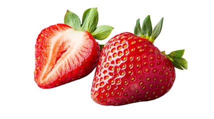 Two fresh strawberries, one sliced in half, close-up, cut out transparent