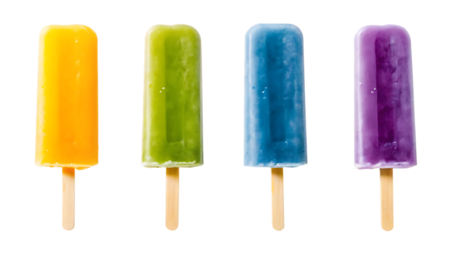Lemon, Apple, Raspberry, Grape popsicle ice cream transparent PNG set bundle, isolated background. Yellow, green, blue, purple colorful classic summer flavour, parlour shop menu desser 
