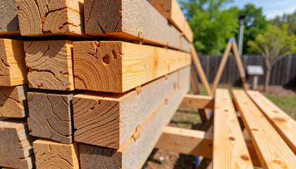 Textured stack of freshly milled lumber in backyard, summer renovation