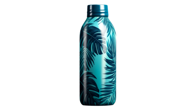 Aqua stainless bottle with tropic foliage print, cut out transparent