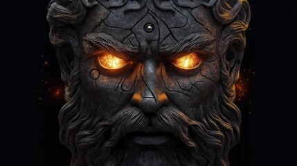 Mythical Stone Mask of Zeus with Fiery Eyes and Engraved Symbols &ndash; Dark Fantasy God Sculpture with Glowing Power