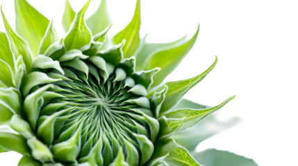 Unopened Green Sunflower Bud, detailed close up, cut out transparent
