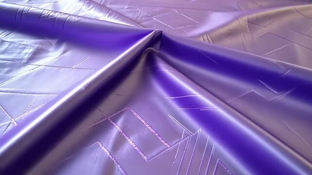 Shiny, purple fabric with geometric pattern, folded and creased